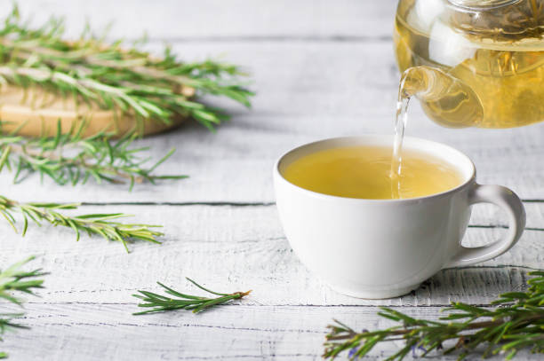 Ceramic cup of herbal tea surrounded by fresh botanical sprigs on a wooden tray